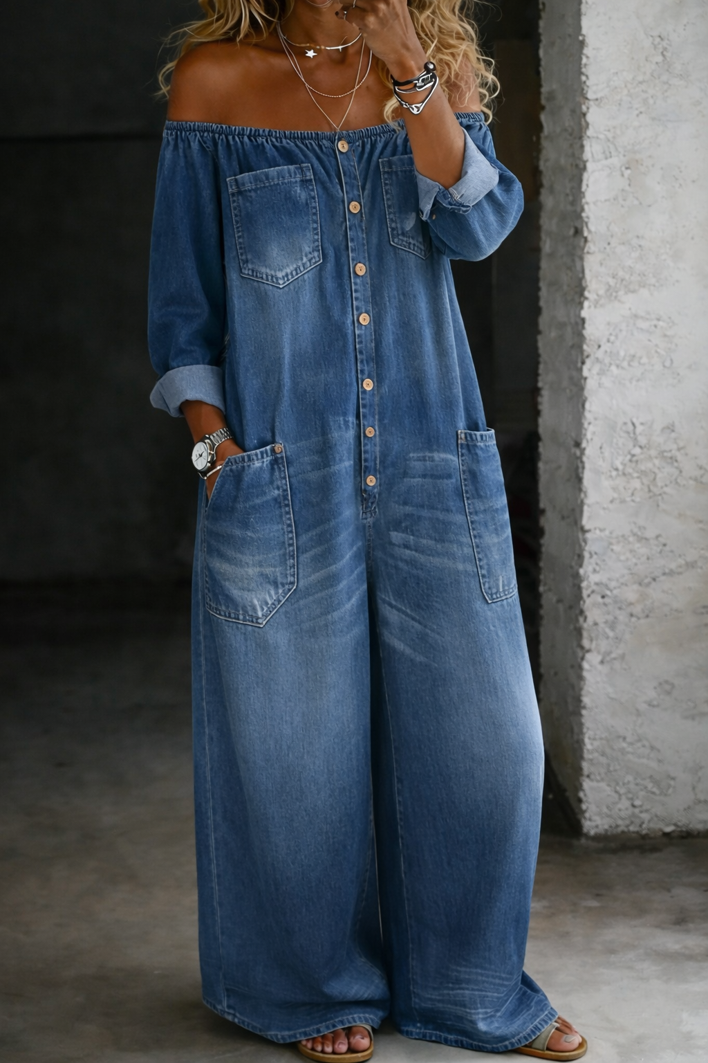 ✨ Elena™ | Tuta in Denim con Spalle Scoperte ✨