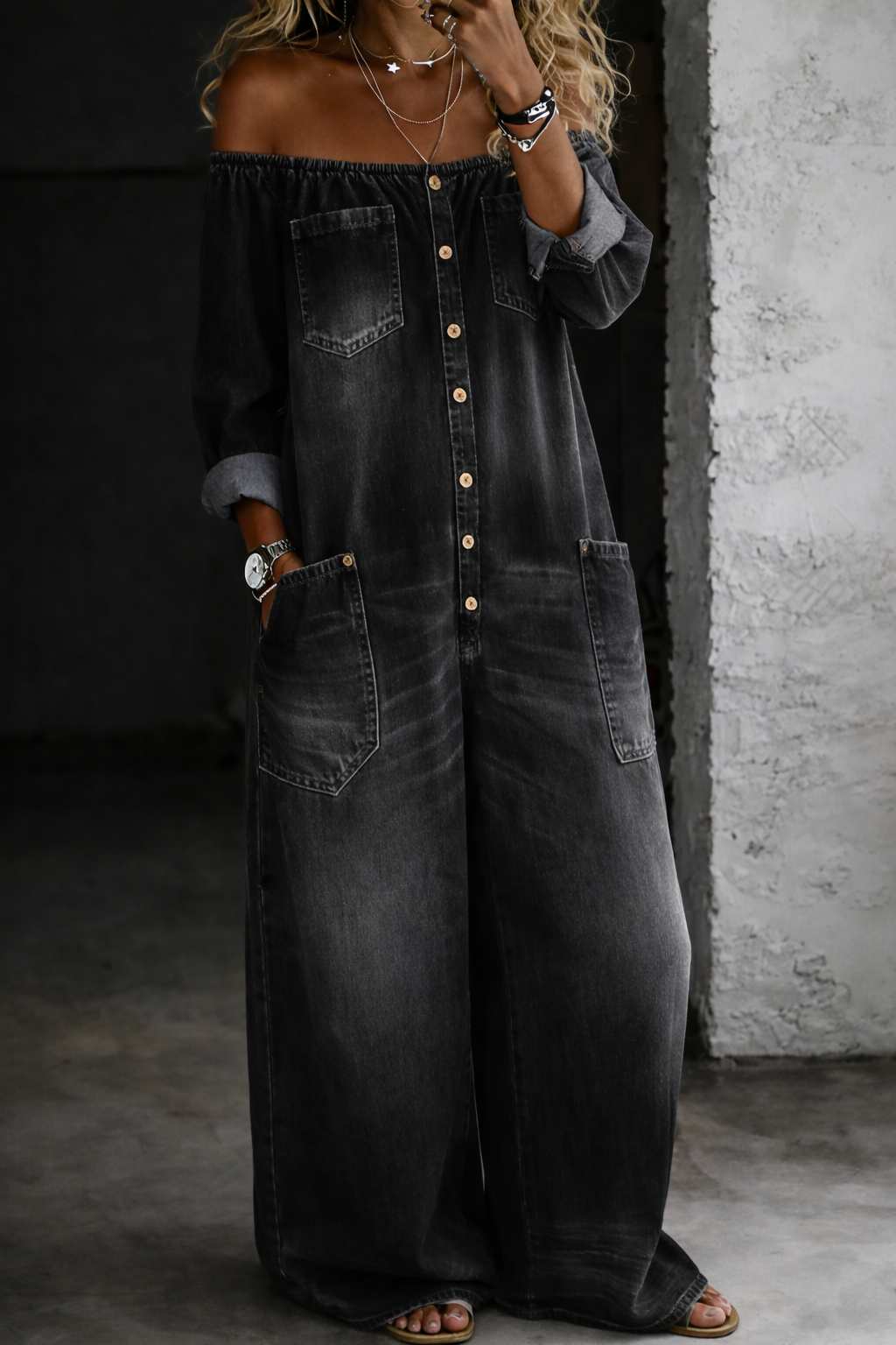 ✨ Elena™ | Tuta in Denim con Spalle Scoperte ✨