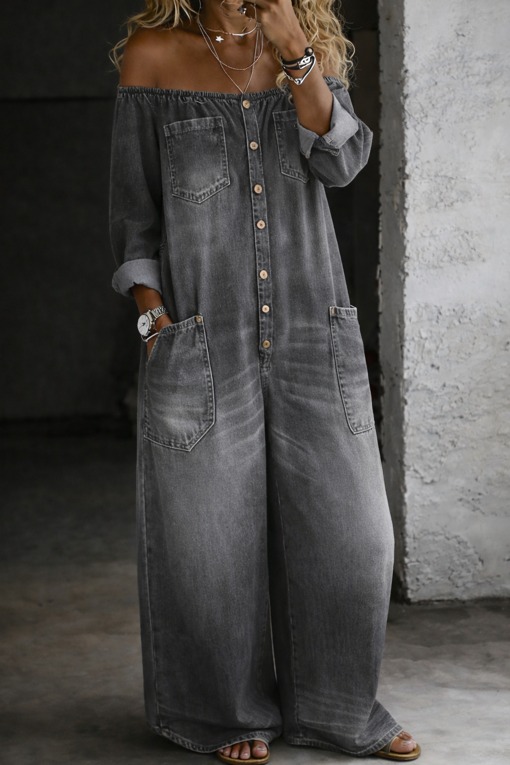 ✨ Elena™ | Tuta in Denim con Spalle Scoperte ✨