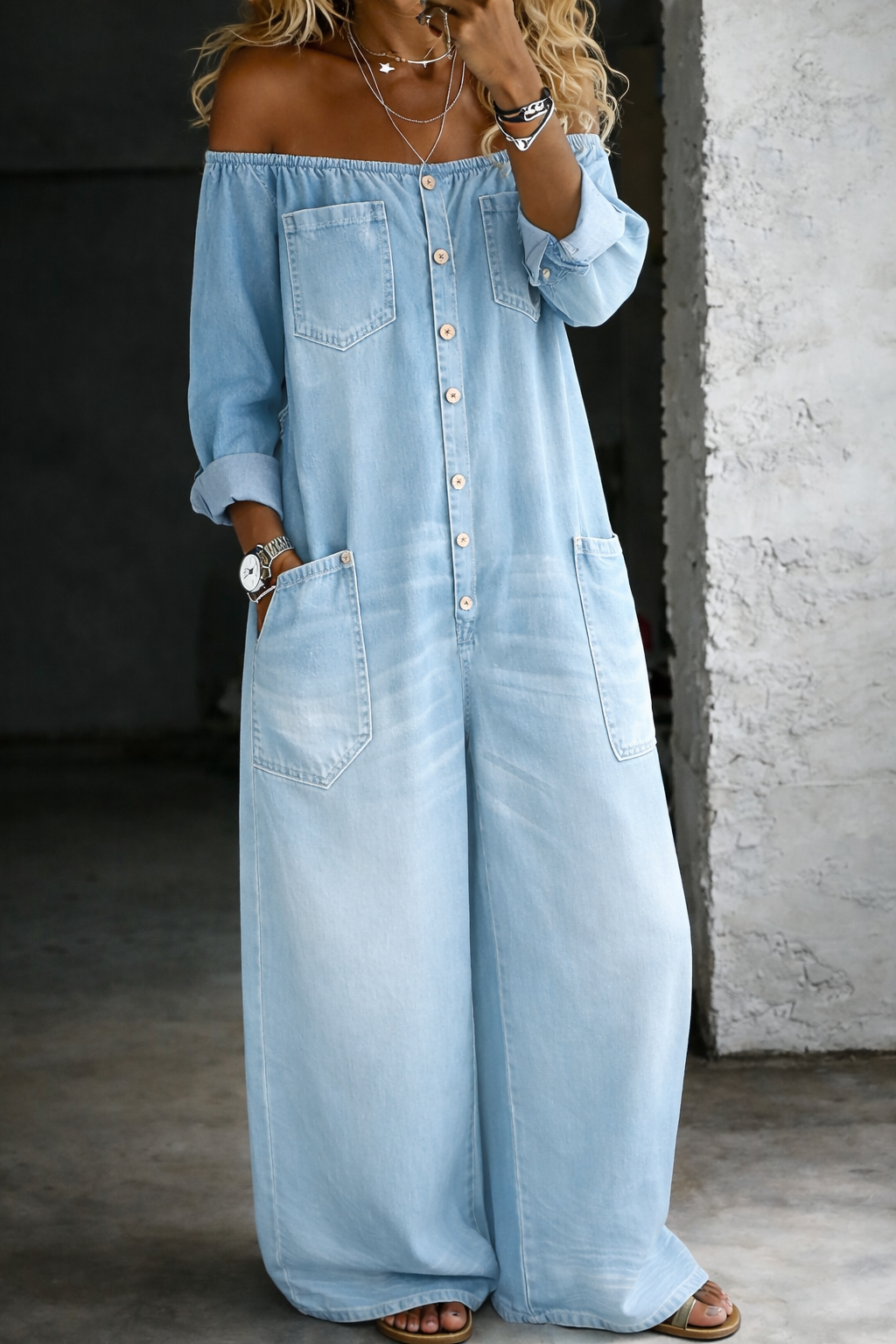 ✨ Elena™ | Tuta in Denim con Spalle Scoperte ✨