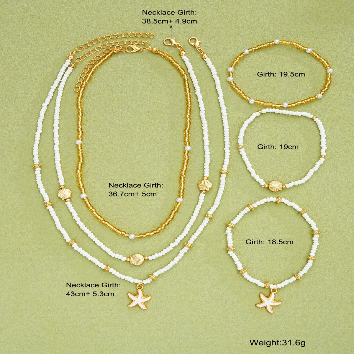 Set di gioielli con stelle marine e perline - 6 pezzi